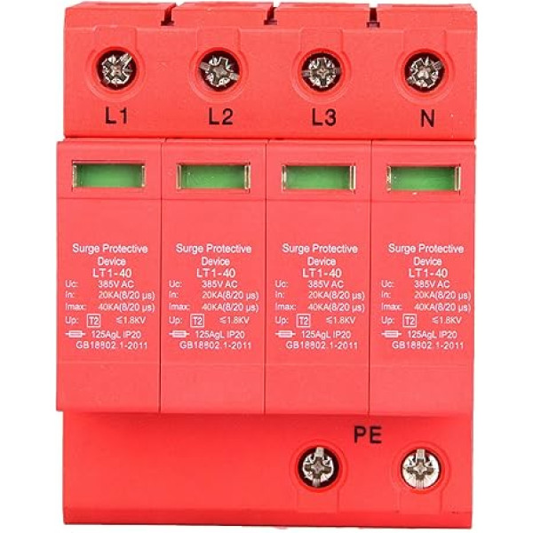 Augstas veiktspējas 4P 40 / 80KA 385V mājas aizsardzība pret pārspriegumiem Ugunsdrošs korpuss 20A zemsprieguma deflektors DIN sliedes montāžai Elektronika zibens aizsardzībai (4P40KA)