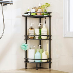 HapiRm dušas plaukts bez urbšanas stūrī - 3 dušas plauktu komplekts bez urbšanas ar glabāšanas kasti un 4 āķiem, nerūsējošā tērauda brīvi stāvošs vannas istabas plaukts, dušas grozs vannas istabai, šampūnam un dušai