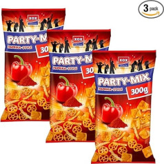 XOX Party Mix 300 g, kviešu kukurūzas uzkodas ar piparu garšu, vegānu kraukšķīgi čipsi 300 g (Party Mix, 3 gab.)