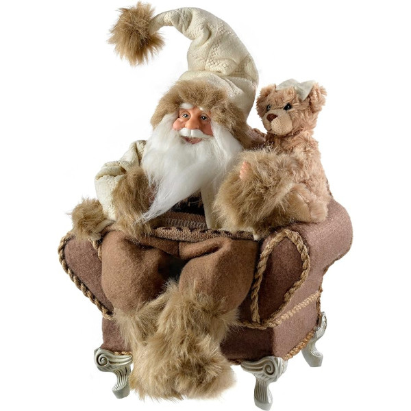 WeRChristmas Ziemassvētku vecītis savā krēslā Ziemassvētku rotājums, 28 cm - balts/brūns