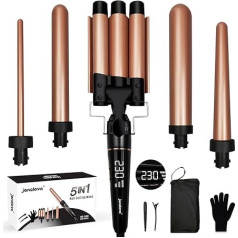 10-32 mm lokšķēres 5-in-1 lielām un mazām cirtām, turmalīna keramikas 25 mm viļņu gludeklis gariem matiem, 80-230°C regulējama lokšķere, 3 mucu komplekts ar cimdu, klipšiem, neilona maisiņu (bronzas krāsā).