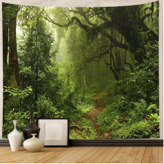 Meža gobelēns, liels zaļš koks, balta migla, dabas ainavu gobelēns, sienas aizkars, augu ceļš, psihodēliskā ainava, gobelēns guļamistabai, sienu māksla, dekors (150 x 200 cm)