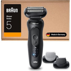 Braun Series 5 vīriešu skuveklis ar 50 minūšu akumulatora darbības ilgumu, 2 pielikumi, bezvadu mitrs un sauss skuveklis vīriešiem, ražots Vācijā, ūdensizturīgs, 52-N1650si, melns
