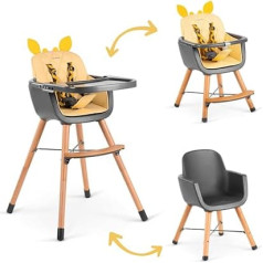 Giraffenthron konvertējams augsts krēsls bērniem un zīdaiņiem, dzeltens, ar regulējamu augstumu un noņemamu paliktni, drošs un stabils no 6 mēnešiem