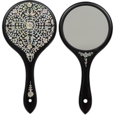 Februāris Mountain roku darbs Korejas pērļu mātes rokas spogulis ar aukliņu somiņu - elegants melns apgleznots kosmētikas spogulis ar ziedu ieliktni, kompakts izmērs grimam un ceļošanai