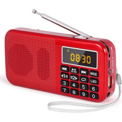 PRUNUS J-725 FM radio ar 3000 mAh uzlādējamu akumulatoru, USB/SD/TF/AUX atskaņotājs, digitālais radio modinātājs, radio ar avārijas gaismu (sarkans)