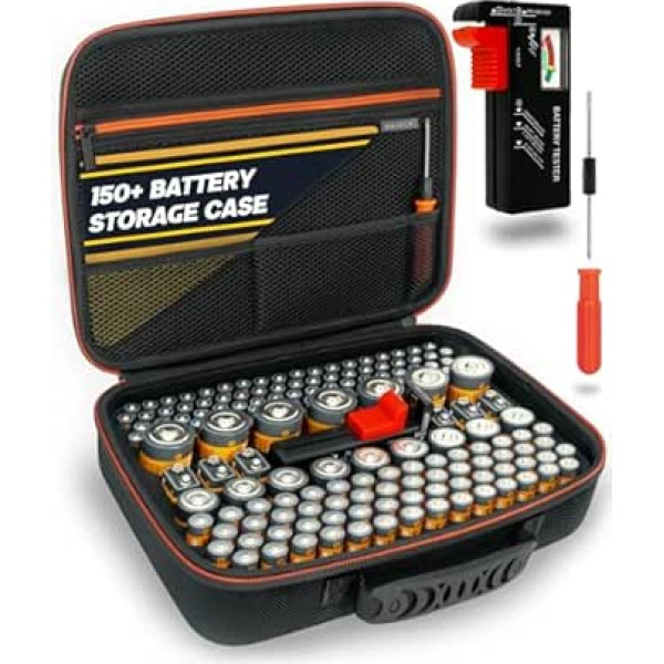 Akumulatoru uzglabāšanas kaste ar universālu testeri un skrūvgriezi (izdevums Max - vairāk nekā 150+) - bateriju uzglabāšanas kaste bez nekārtībām AA, AAA, C, D, 9V baterijām (nav iekļautas)