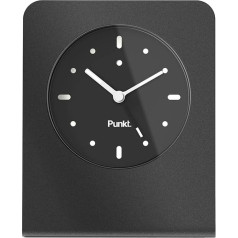 Punkts. AC02 Dizaina galda pulkstenis un analogais modinātājs bez tikšķināšanas, kvarca mehānisms, alumīnija bloks, stikla rāmis, ražots Japānā, dizains - Jasper Morrison - melns