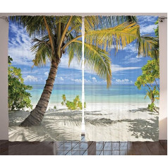 ABAKUHAUS Tropu lauku aizkars, palmu koka piekraste, dzīvojamā istaba, universāls lentveida aizkars ar cilpām un āķiem, 280 x 225 cm, kokosriekstu zils