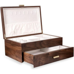 Juvelierizstrādājumu kaste - rokām darināta masīvkoka retro juvelierizstrādājumu kaste ar atvilktnēm, samta oderi, aproces, pulksteņi, kaklarotas, gredzeni, auskari un aksesuāri