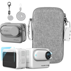 LEWOTE piederumu komplekts, kas saderīgs ar Insta360 GO 3S, silikona kameras vāciņš un objektīva vāciņš, 2 x ekrāna aizsargi, somiņa ar automātisko bloķēšanas karabīni un fiksatoru pret nozaudēšanu, pelēks, koferis