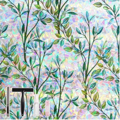 Conkov logu plēve, pašlīmējoša, caurspīdīga privātuma plēve, varavīksnes izskats ar zaļu lapu rakstu, dekoratīvā plēve viesistabai, virtuvei, birojam, 60 x 400 cm, ar instrumentiem