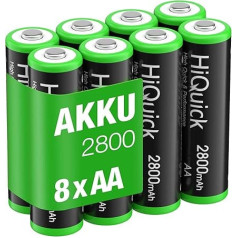 Hiquick AA akumulators, Ni-MH Mignon AA 2800 mAh akumulators, uzlādējams 1,2 V AA akumulators, 8 x Mignon AA akumulators