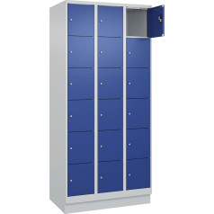 kaiserkraft | 6er-Schließfachschrank Evolo Plus | 3 Abteile | lichtgrau/enzianblau | B 900 mm | 18 Fächer | mit Bodensockel | Zylinderschloss