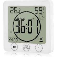 JLENOVEG Digitālais vannas istabas dušas taimeris Virtuves sienas pulkstenis ar modinātāju Ūdensizturīgs skārienjutīgais ekrāna taimeris Balts vidējais iekštelpu termometrs Higrometrs ar piesūcekņa kausu Piekaramais halles plaukta statīvs