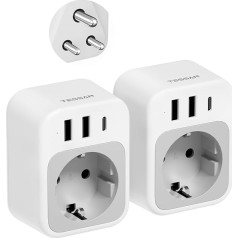 TESSAN ceļojumu adapteris Šrilanka, 2 ceļojumu adapteri, Indijas adapteris, Vācijas kontaktdakša ar 2 USB A un 1 USB C, Šrilankas kontaktligzdas adapteris Indijai, Nepālai, Maldīvu salām, D tipa kontaktligzdas adapteris