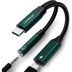 LAMSCAT USB C austiņu adapteris un uzlādes adapteris, 2-in-1 C tipa adapteris ar 3,5 mm ligzdu, atbalsta 60 W ātru uzlādi Samsung S24/S23/S21/S20+ (zaļš)