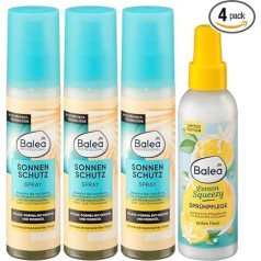 Balea 4 matu kopšanas komplekts: profesionāla saules aizsardzības aerosols aizsargā pret saules stariem, sāli, hlora ūdeni + saglabā mitrumu (3 x 150 ml) + aerosols citronu sqezy labāku ķemmējamību (150 ml),
