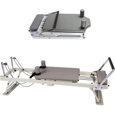 ZephyrGlow SpringAndLatexDual-PurposeType Beige Pilates Reformer for Home ar salokāmu konstrukciju un metāla atsperēm, ideāli piemērots sievietēm, kas vēlas palielināt savu pamatnes spēku, elastību un fitnesu
