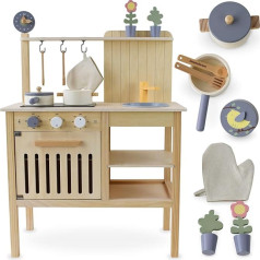 Mamabrum Koka virtuve bērniem 3+ | Rotaļu komplekts ar pannu, katliņu un karoti | Koka bērnu virtuve no koka mājai un dārzam | Bērnu rotaļu komplekts ar rokturiem (8 gabali)