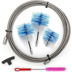 BARETTO granulu plīts tīrīšanas komplekts 9 metru nerūsējošais pagarinātājs granulu plīts tīrīšanai ar 90° saliekumu, 3 neilona birstes (2 Flex 80 mm un 100 mm, 1 standarta 120 mm)