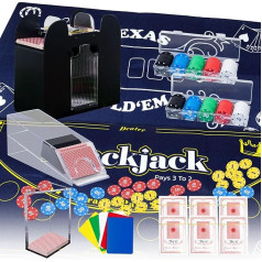 Extguds kazino pokera komplekts, blekdžeka/Texas Hold'em/Pokera komplekts ar kāršu kurpīti, atlieku nodalījumu, automātisko maisītāju, 200 žetoniem, 6 kāršu komplektiem, abpusēji filcs (zils), 10 sagrieztas kartes