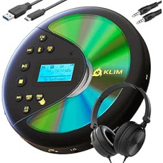 KLIM Discover ar austiņām - pārnēsājams CD atskaņotājs ar ilgstoši darbojošos akumulatoru - saderīgs ar MP3 CD atskaņotāju - SD karte, FM raidītājs, Bluetooth - ideāli piemērots automašīnām - pārnēsājams CD atskaņotājs - melns/zelt
