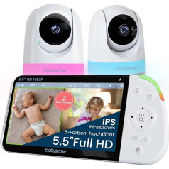 Babysense Full HD splitekrāna bērnu monitors ar 2 kamerām, nakts gaismu 6 krāsās, trokšņa un alternatoru, 20 stundu akumulatoru, pret pārtveršanu drošu savienojumu bez WiFi