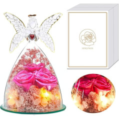 Īsta mūžīgā roze stikla eņģeļa figūrā, sieviešu dāvana dzimšanas dienā, saglabātas rozes ziedi eņģeļa stikla kupols LED gaisma, Mātes diena Valentīna diena Kāzu gadadiena, kāzu jubilejas dāvana mammai draudzenei sievai vecmāmiņai