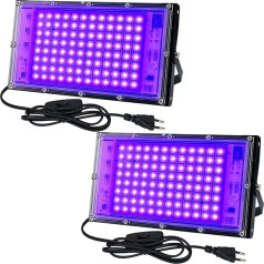 CREATESTAR UV melnās gaismas prožektors 100 W, LED melnās gaismas lampa IP65 ūdensizturīgs UV prožektors ar kontaktdakšu, prožektors spīdēšanas ballītei, bāram, diskotēkai, melnās gaismas ballītei (2 gab.)