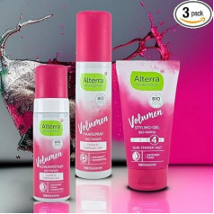 Naturkosmetik Volume matu veidošanas komplekts (3 daļas) | ar organisko papaiju | matu putu stiprinātājs, laka un matu veidošanas želeja smalkiem matiem | sertificēta dabiskā kosmētika un vegāns (Alterra)