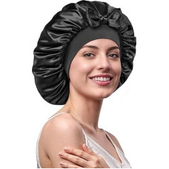 Umisleep 100% zīdkoka zīdkoks 22 Momme Liela zīda cepure miegam, divslāņu, neslīdoša un elpojoša, ar regulējamu siksniņu gariem cirtainiem matiem, melnā krāsā