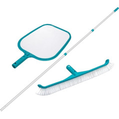 Bestway baseina tīrīšanas komplekts Teleskopiskais 360 cm alumīnija stienis un AquaScoop izkraušanas tīkls un Flowclear baseina birste lapām, aļģēm un netīrumiem, kas saderīga ar 30 mm diametra piederumiem