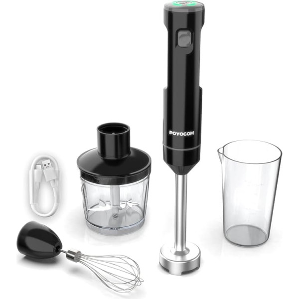 Bezvadu rokas blenderis, POYOCOM bezvadu blenderis ar C tipa kabeli, pārtikas smalcinātājs 500 ml, trauks 600 ml, putukrāsns kokteiļiem, bērnu pārtikai un zupām - melns