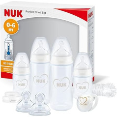 Nuk First Choice+ Perfect Start zīdaiņu pudelīšu komplekts Anti-Colic zīdaiņu pudelītes (2 x 150 ml un 2 x 300 ml), pudelīšu suka un citi piederumi | Bez BPA | 0–6 mēneši Ar temperatūras kontroli. Sirdis (balts)