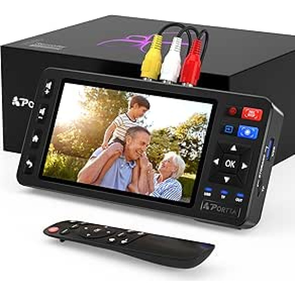 PORTTA VD20P VHS uz digitālo pārveidotājs, video kasešu digitalizācija ar 5 collu LCD displeju un tālvadības pulti, saderīgs ar VHS, VCR, DVR, DVD, Hi8, Mini DV, videokameru, kasešu lentēm, spēļu konsolēm