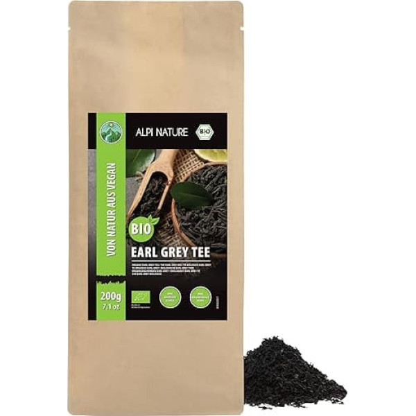 Alpi Nature Earl Grey Organic 200 g, melnā tēja ar bergamotes eļļu, Earl Grey tēja bez iesaiņojuma, bioloģiska melnā tēja, dabīgi kofeīna saturs