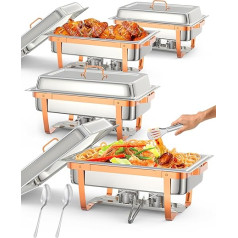 Garvee Professioneller Buffetwärmer aus Edelstahl - Rechteckiger Chafing Dish mit Deckelhalter, Klapprahmen, 8L, geeignet für Catering, Bankett, Hochzeit, Party, Roségold - 4-teiliges Set
