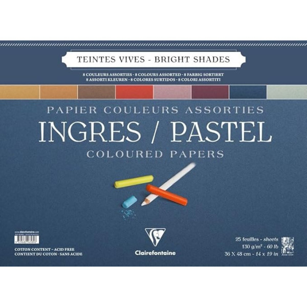 Clairefontaine Ingres 96589C spirālveida zīmēšanas bloks, 25 lapas, 130 g, 36 x 48 cm, ar atdalītājiem, graudaina virsma, ideāli piemērots zīmēšanai ar sausajām tehnikām, 8 spilgtas krāsas
