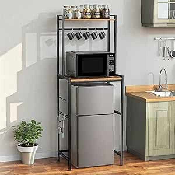 Housolution Mini ledusskapja statīvs ar uzglabāšanas vietu, 2 līmeņu virtuves mikroviļņu krāsns statīvs, mini ledusskapja plaukts, regulējams augstums un 8 āķi kopmītnei, dzīvojamai istabai, brūns