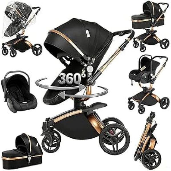 Magic ZC 360° rotējošs PU ādas 3-in-1 kombinētais bērnu ratiņi, pilnīgs komplekts ar divvirzienu stumšanas iespēju, ratiņi ar piederumiem, salokāmi un pārnēsājami ar vienu pogas piespiedienu (906 melns)