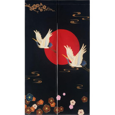 LIGICKY Japāņu stila biezais Noren Long aizkars Durvju aizkaru aizkars Room Divider Gobelēns mājas tekstila 85 x 150 cm, melns, balta dzērve, sarkana saule un ziedi