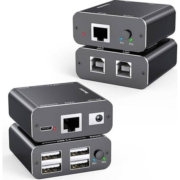 USB pagarinātājs 50 m Cat6/7 2 datoriem ar 4 USB 2.0 pieslēgvietām, atbalsta tastatūru un peli, bez kavēšanās, POC barošana, vadu kontrolieris