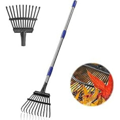 Dārza lapu grābeklis - neliels dārza lapu grābeklis ar 11 metāla zariem, 21 cm plats, 78 līdz 182 cm garš regulējams rokturis, izturīgs lapu grābeklis zālienam, dārza krūmu dobēm, sudraba krāsā.