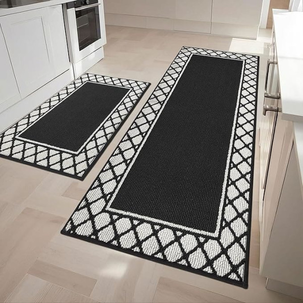 COSY HOMEER Virtuves paklājs Mazgājams, neslīdošs, 2 gabali 60 x 90 cm + 60 x 150 cm Virtuves paklājs Mašīnā mazgājams paklājs virtuvei, veļas istabai, priekšnamam, melns