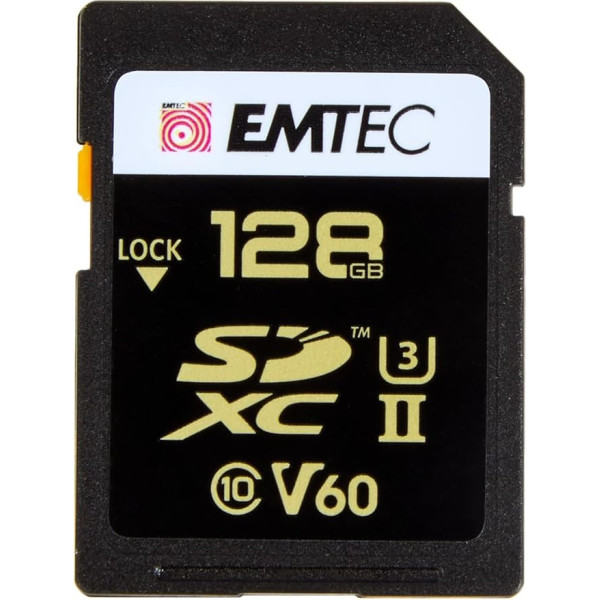 Emtec SpeedIN Pro+ SD atmiņas karte 128GB, SDXC UHS-II U3 V60, Full HD, 3D, 4K, 8K UHD, lasīšanas ātrums līdz 300MB/s un rakstīšanas ātrums līdz 160MB/s