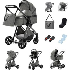 GLOKID 3-in-1 bērnu ratiņi, kombinētie ratiņi, ceļojuma sistēma ar pārnēsājamo pārsēšanas somu, moskītu tīklu, lietus pārsegu, kāju sildītāju, salokāmi, atgāžamais atzveltnes stāvoklis, augsts rāmis (LV9 tumši pelēks)