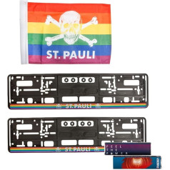 FC St. Pauli automašīnas aksesuāru dekorācijas komplekts numura zīmes turētājs Skull Rainbow + karogs + 2 x Fanergy Dice Sugar