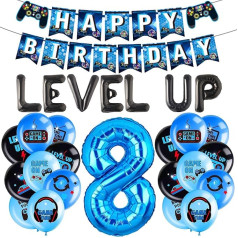 LaVenty Level Up spēle Dzimšanas dienas videospēļu svētku svinību dekorēšana zēniem (zilā un melnā krāsā, 8 gadi)