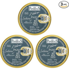 LOS PEPERETES x3 Lata Lubina jūras bass Albariño mērcē 120 g | Galisijas gardēžu konservēti produkti | Baltā zivs vīna mērcē | Mākslinieciska ražošana